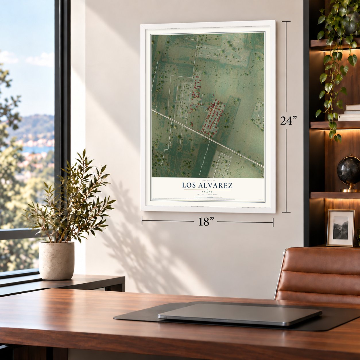 Los Alvarez, Texas map, 18 x 24 inch print in a white frame in a home office