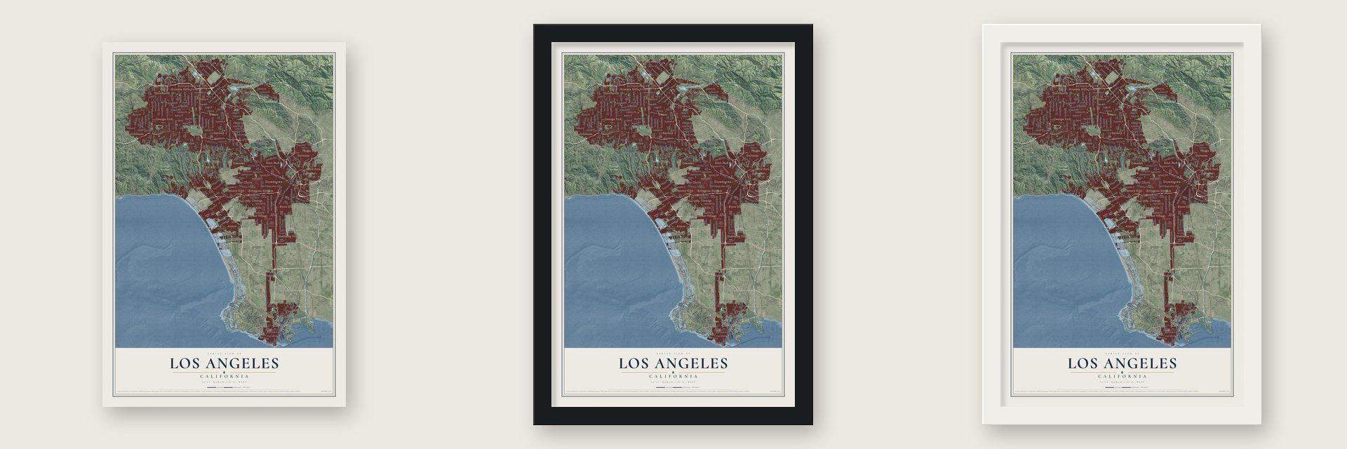 Los Angeles, California map unframed, in a black wood frame and in a white wood frame