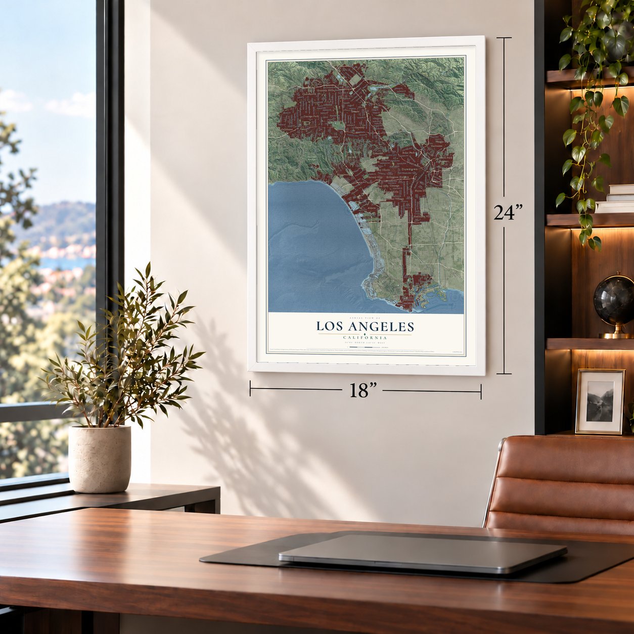 Los Angeles, California map, 18 x 24 inch print in a white frame in a home office