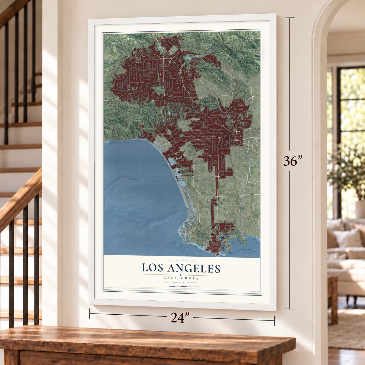 Los Angeles, California map, 24 x 36 inch print in a white frame by a staircase