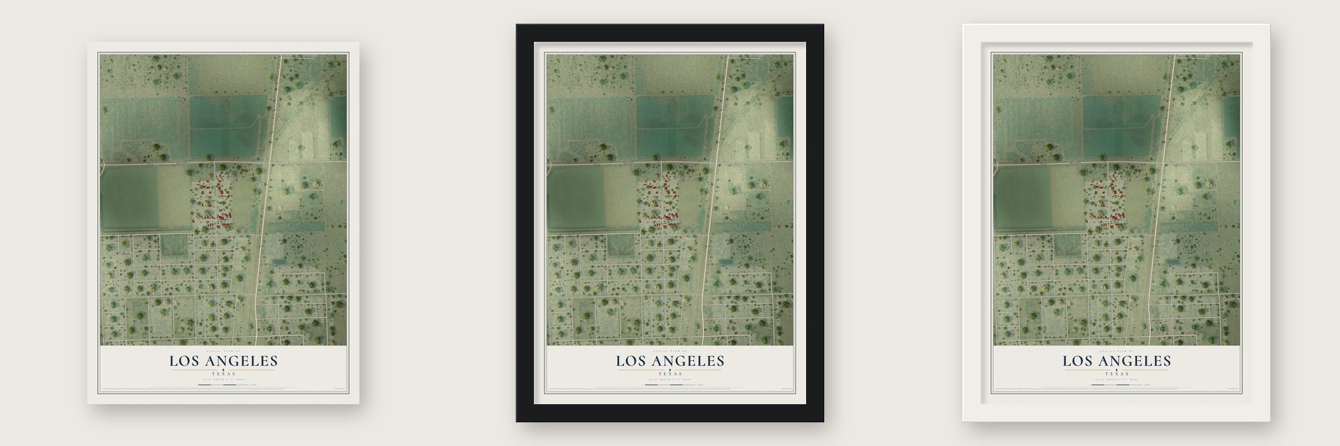 Los Angeles, Texas map unframed, in a black wood frame and in a white wood frame