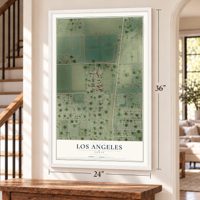 Los Angeles, Texas map, 24 x 36 inch print in a white frame by a staircase