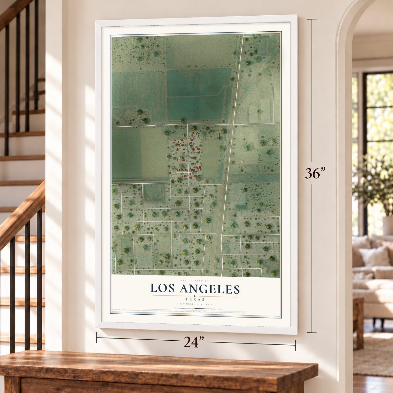 Los Angeles, Texas map, 24 x 36 inch print in a white frame by a staircase