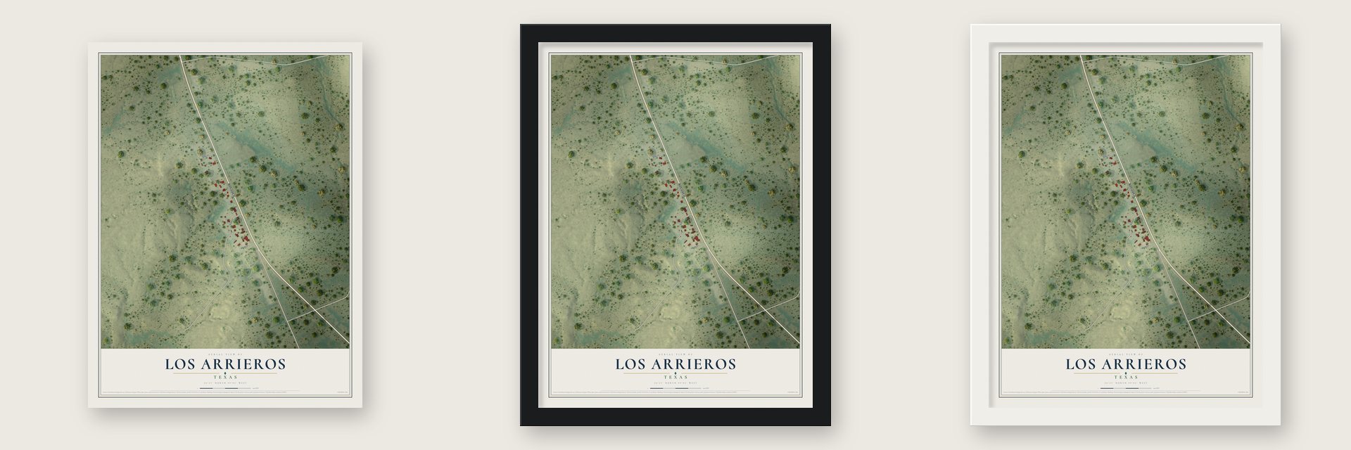 Los Arrieros, Texas map unframed, in a black wood frame and in a white wood frame