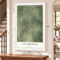 Los Arrieros, Texas map, 24 x 36 inch print in a white frame by a staircase