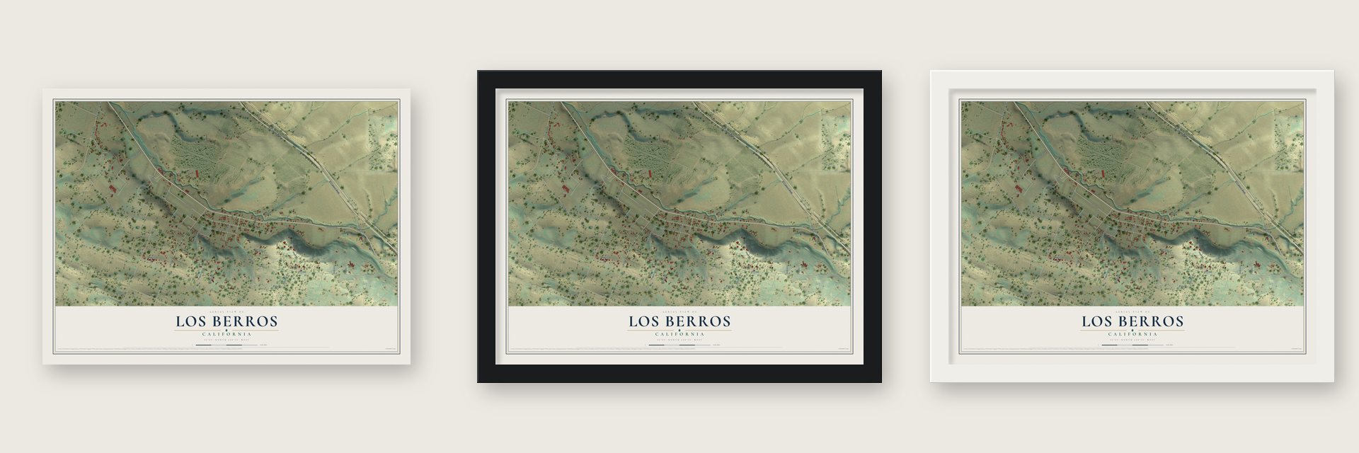 Los Berros, California map unframed, in a black wood frame and in a white wood frame