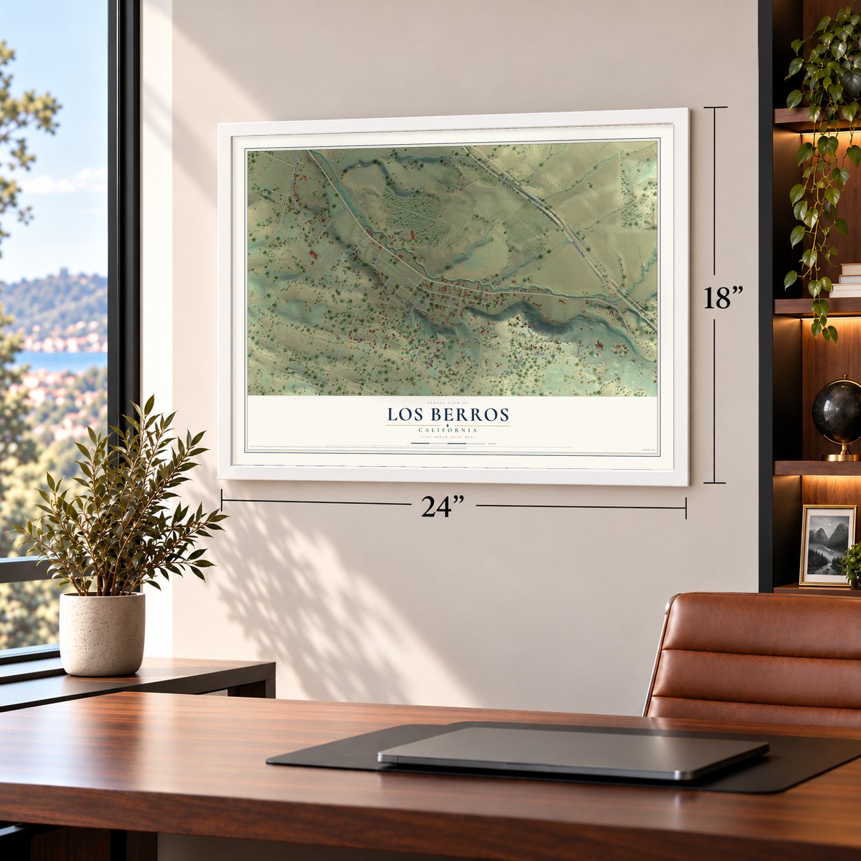 Los Berros, California map, 18 x 24 inch print in a white frame in a home office