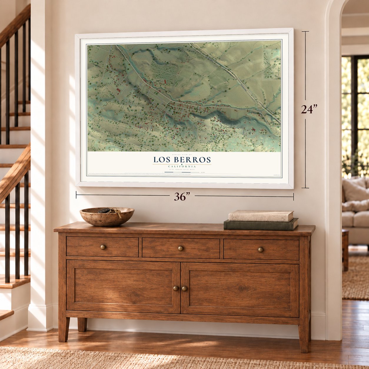 Los Berros, California map, 24 x 36 inch print in a white frame above a dresser by a staircase