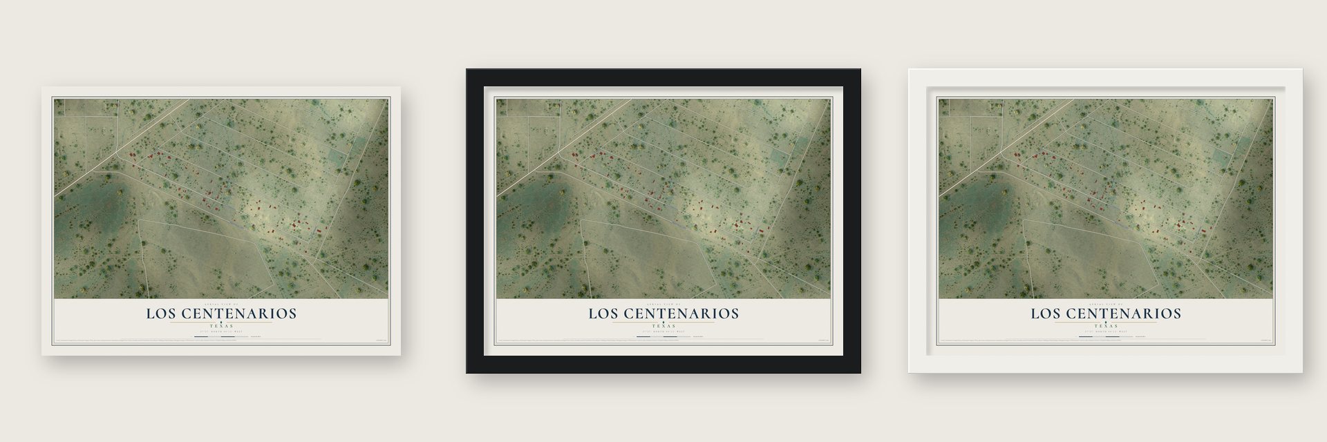 Los Centenarios, Texas map unframed, in a black wood frame and in a white wood frame