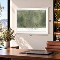 Los Centenarios, Texas map, 18 x 24 inch print in a white frame in a home office