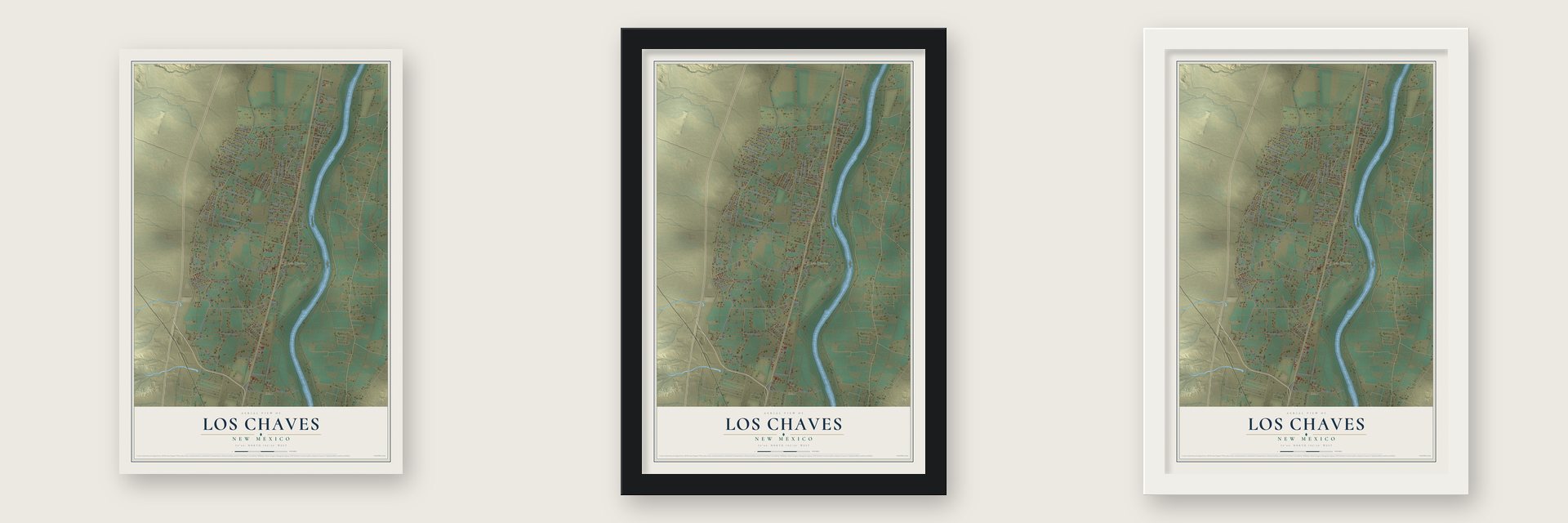 Los Chaves, New Mexico map unframed, in a black wood frame and in a white wood frame