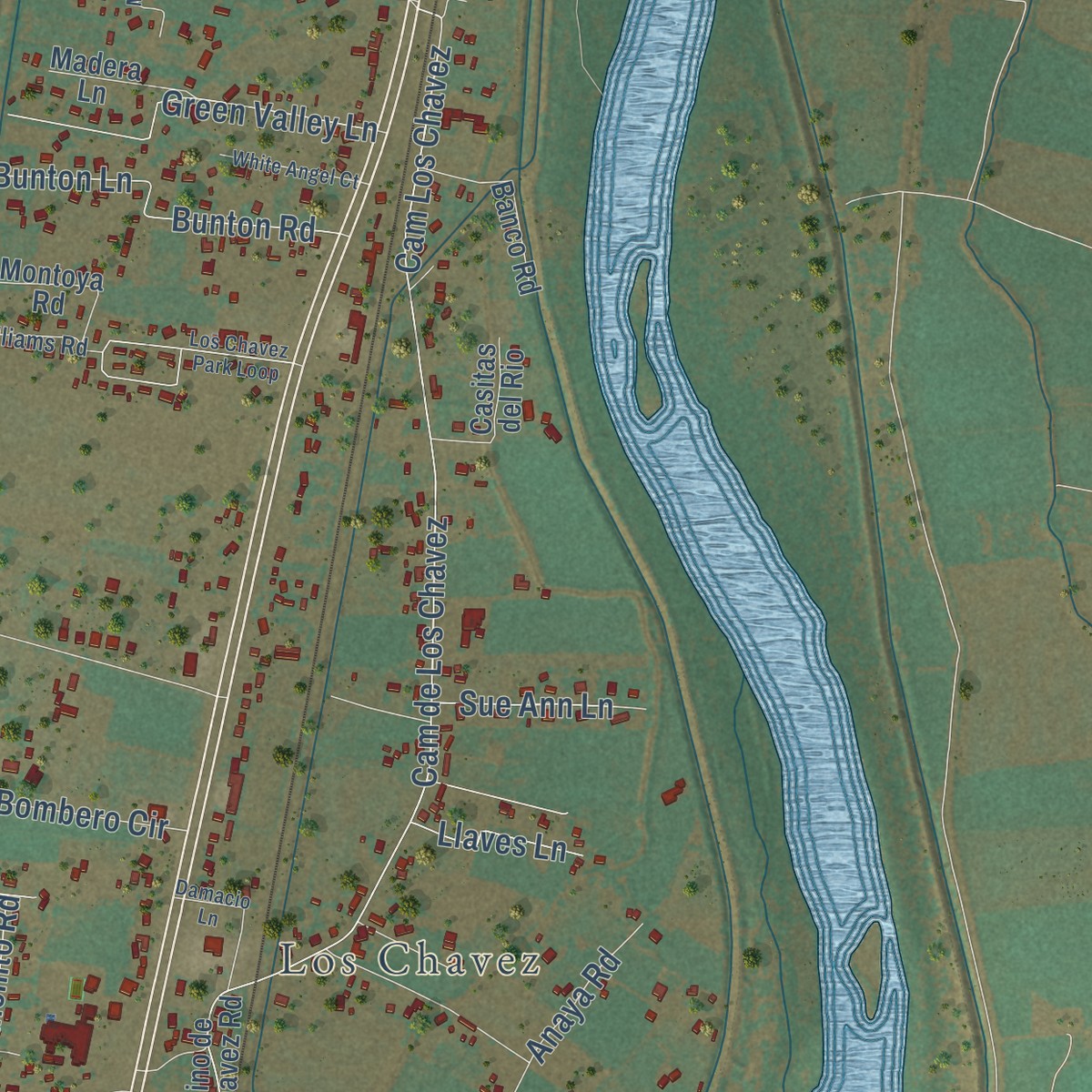 Second close-up of the map of Los Chaves, New Mexico print showing more streets and buildings