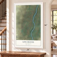 Los Chaves, New Mexico map, 24 x 36 inch print in a white frame by a staircase