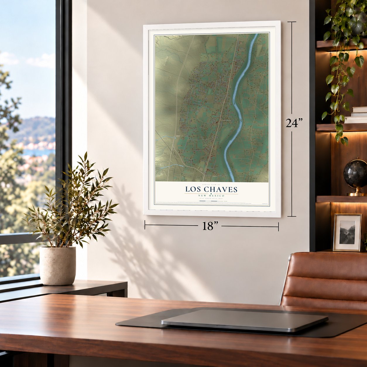 Los Chaves, New Mexico map, 18 x 24 inch print in a white frame in a home office