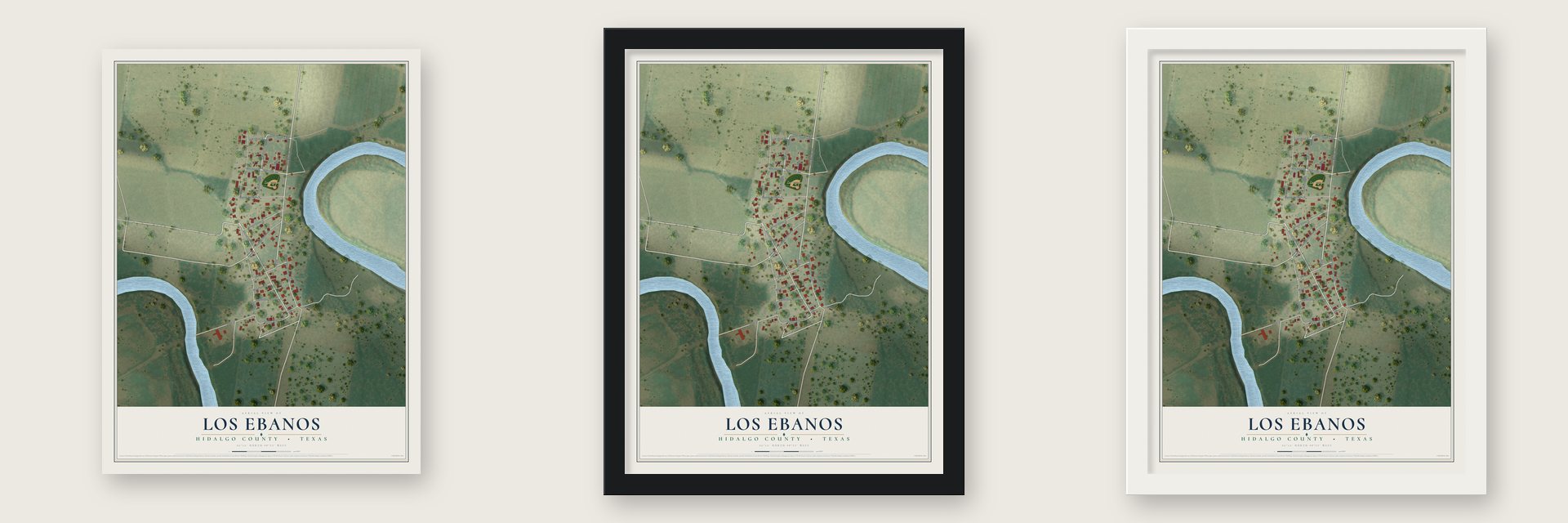 Los Ebanos, Hidalgo County, Texas map unframed, in a black wood frame and in a white wood frame