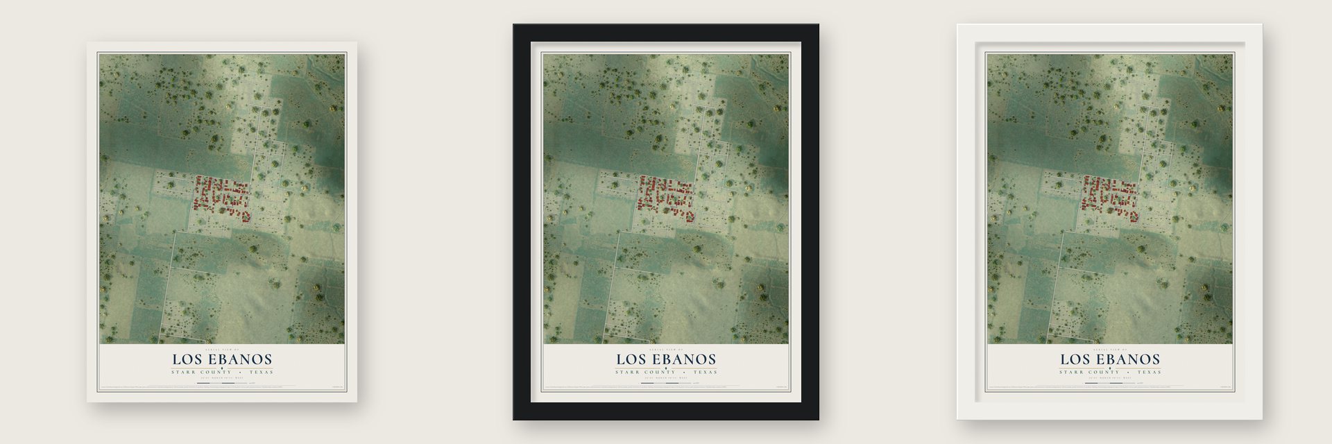 Los Ebanos, Starr County, Texas map unframed, in a black wood frame and in a white wood frame