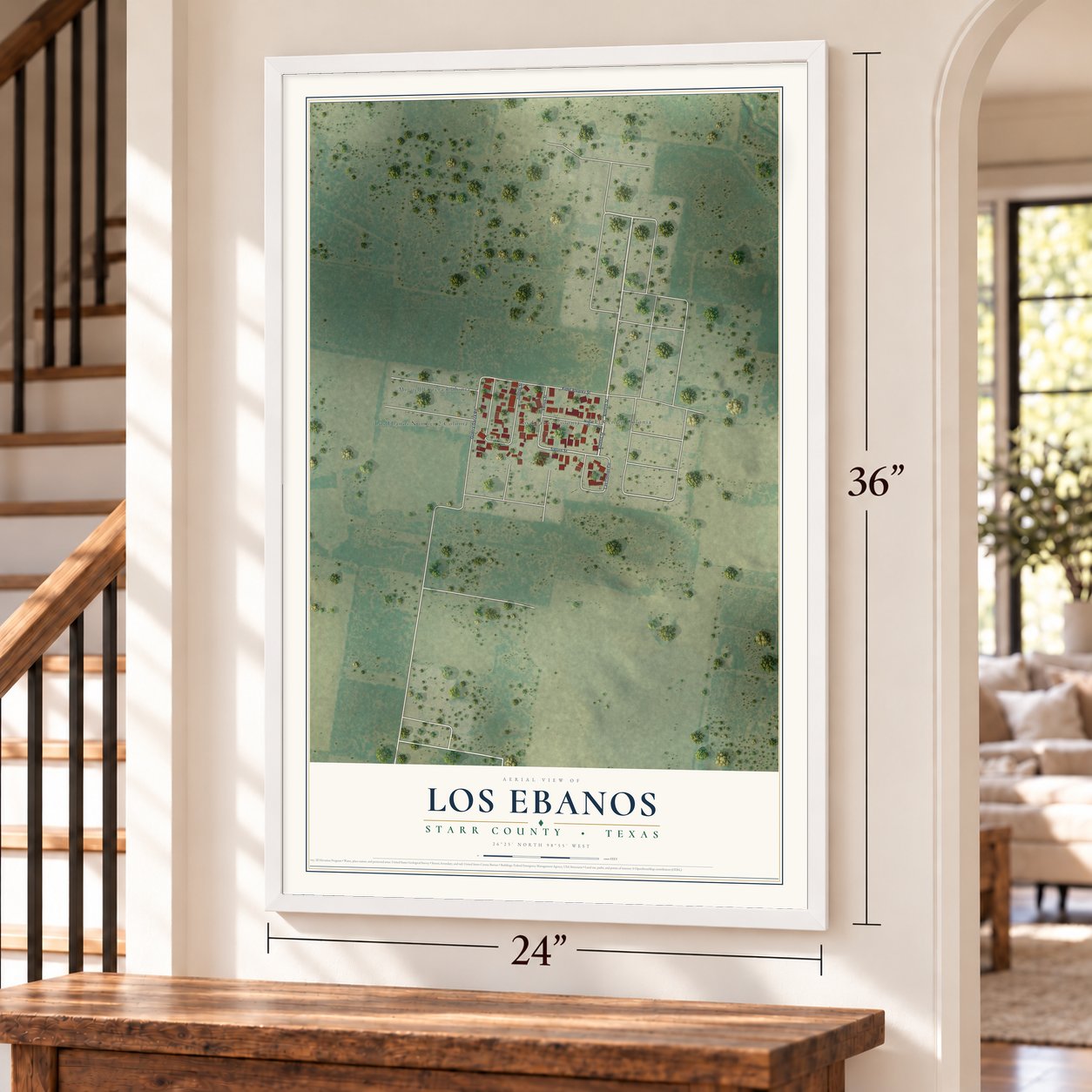 Los Ebanos, Starr County, Texas map, 24 x 36 inch print in a white frame by a staircase