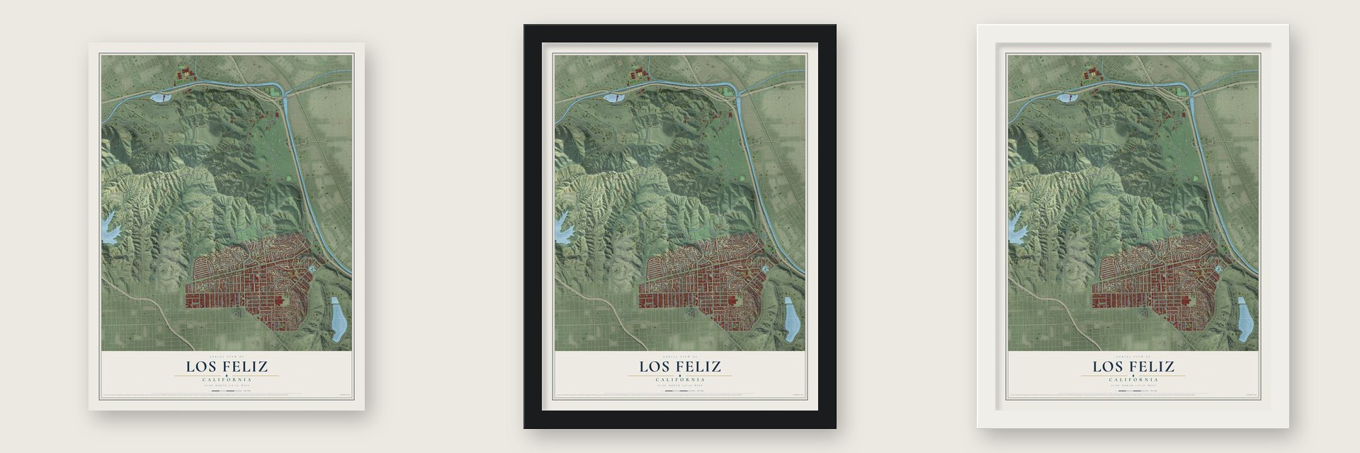 Los Feliz, California map unframed, in a black wood frame and in a white wood frame