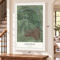 Los Feliz, California map, 24 x 36 inch print in a white frame by a staircase