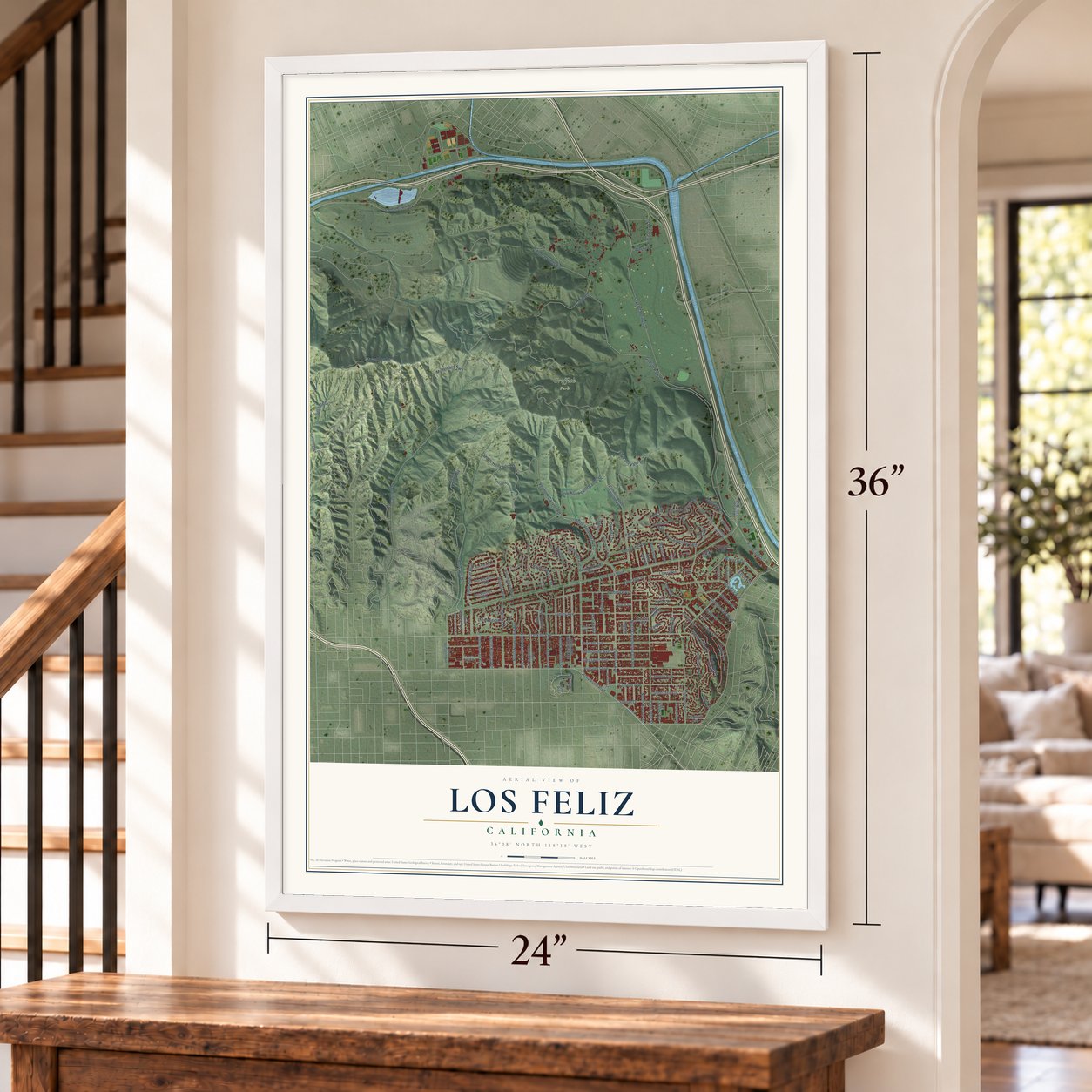 Los Feliz, California map, 24 x 36 inch print in a white frame by a staircase