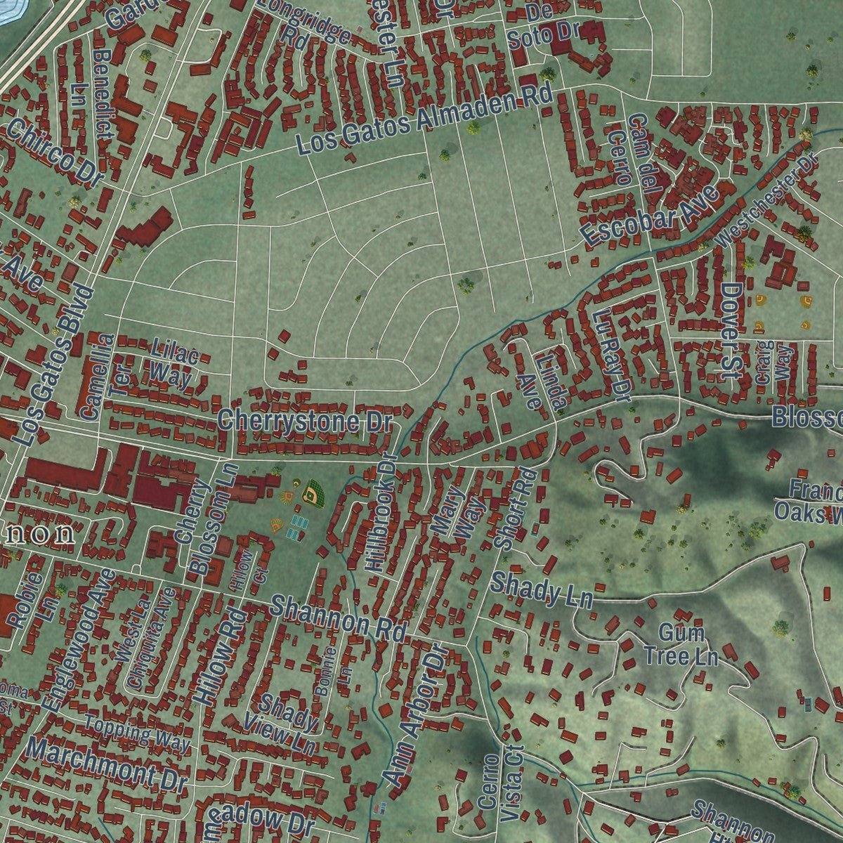 Second close-up of the map of Los Gatos, California print showing more streets and buildings