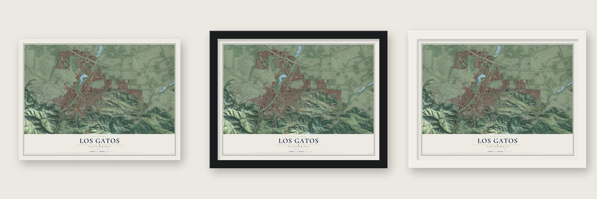 Los Gatos, California map unframed, in a black wood frame and in a white wood frame