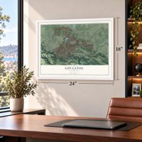 Los Gatos, California map, 18 x 24 inch print in a white frame in a home office
