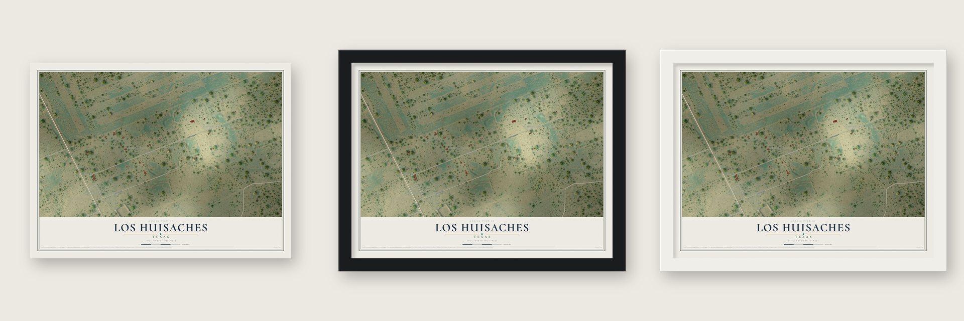 Los Huisaches, Texas map unframed, in a black wood frame and in a white wood frame