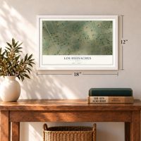 Los Huisaches, Texas map, 12 x 18 inch print in a white frame in an entryway