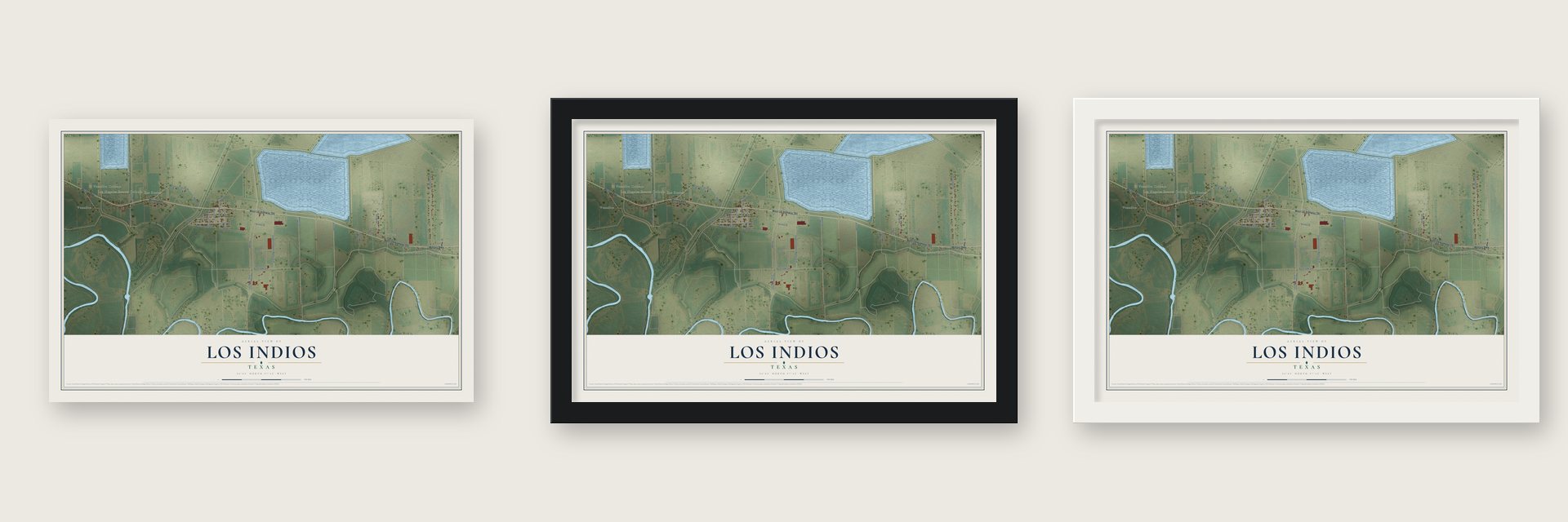 Los Indios, Texas map unframed, in a black wood frame and in a white wood frame