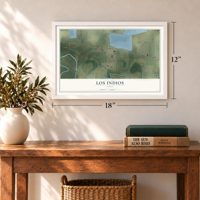 Los Indios, Texas map, 12 x 18 inch print in a white frame in an entryway