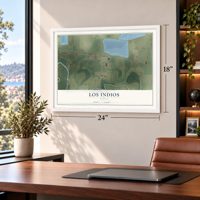 Los Indios, Texas map, 18 x 24 inch print in a white frame in a home office