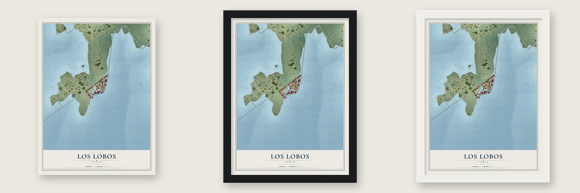 Los Lobos, Texas map unframed, in a black wood frame and in a white wood frame