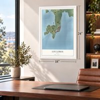Los Lobos, Texas map, 18 x 24 inch print in a white frame in a home office