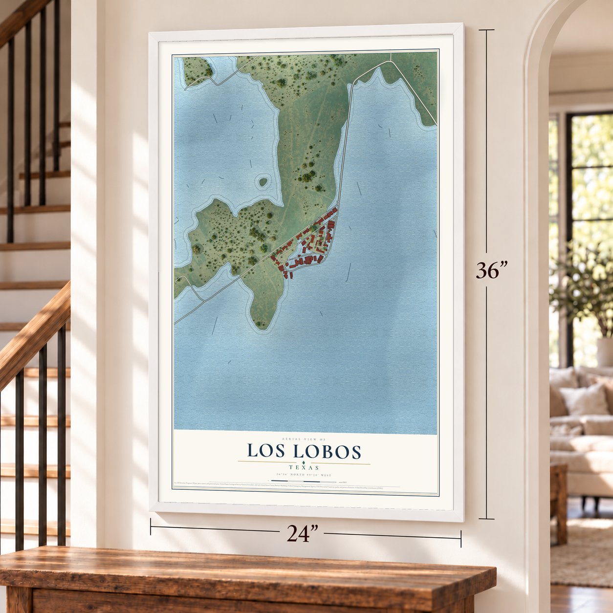 Los Lobos, Texas map, 24 x 36 inch print in a white frame by a staircase