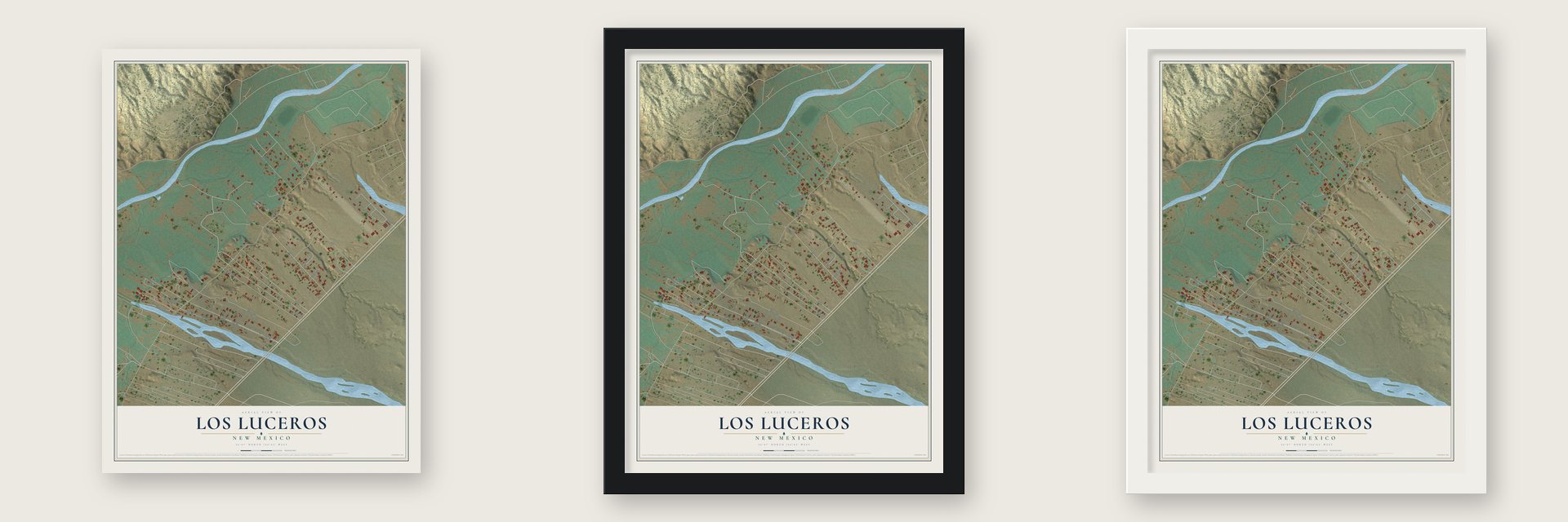 Los Luceros, New Mexico map unframed, in a black wood frame and in a white wood frame