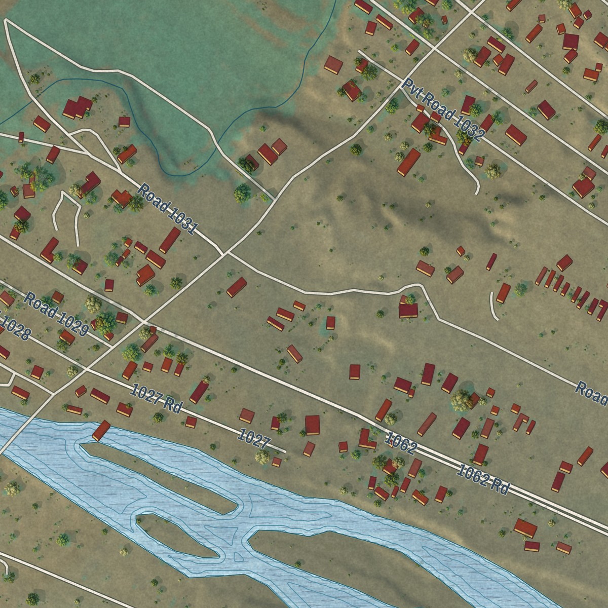 Second close-up of the map of Los Luceros, New Mexico print showing more streets and buildings