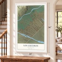 Los Luceros, New Mexico map, 24 x 36 inch print in a white frame by a staircase