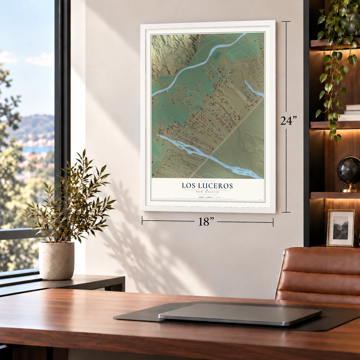 Los Luceros, New Mexico map, 18 x 24 inch print in a white frame in a home office