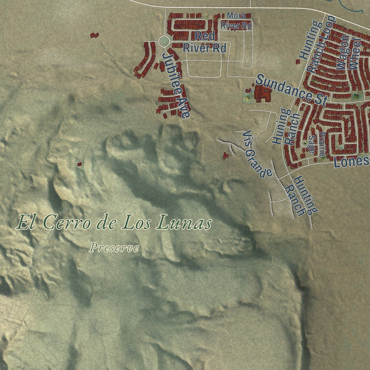 Second close-up of the map of Los Lunas, New Mexico print showing more streets and buildings