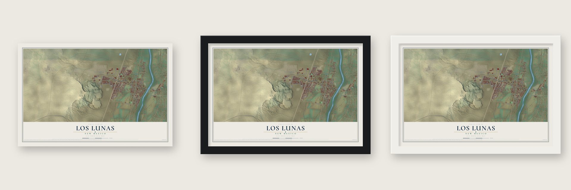 Los Lunas, New Mexico map unframed, in a black wood frame and in a white wood frame