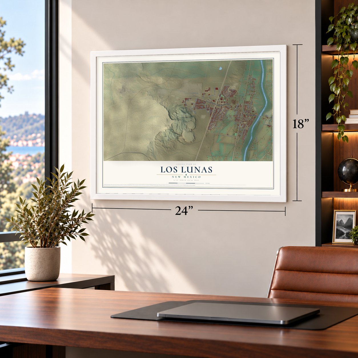 Los Lunas, New Mexico map, 18 x 24 inch print in a white frame in a home office