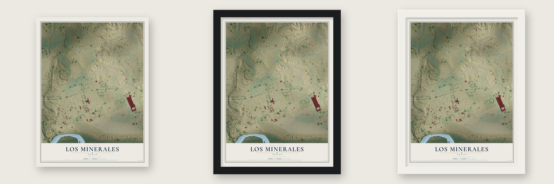 Los Minerales, Texas map unframed, in a black wood frame and in a white wood frame