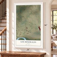 Los Minerales, Texas map, 24 x 36 inch print in a white frame by a staircase
