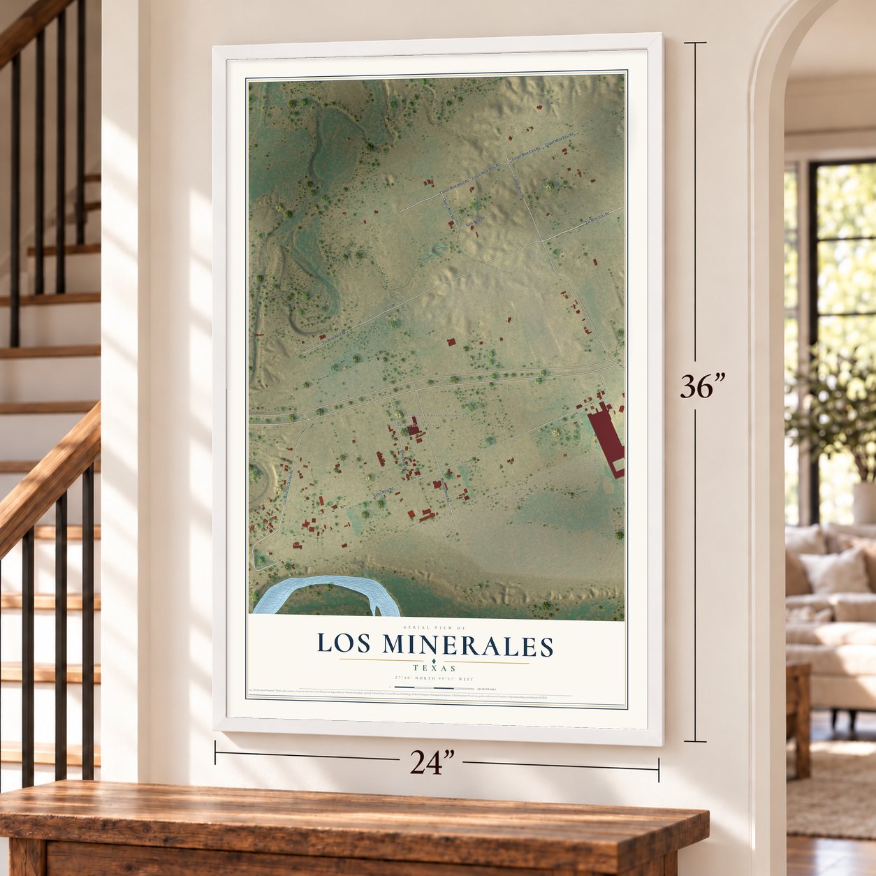 Los Minerales, Texas map, 24 x 36 inch print in a white frame by a staircase