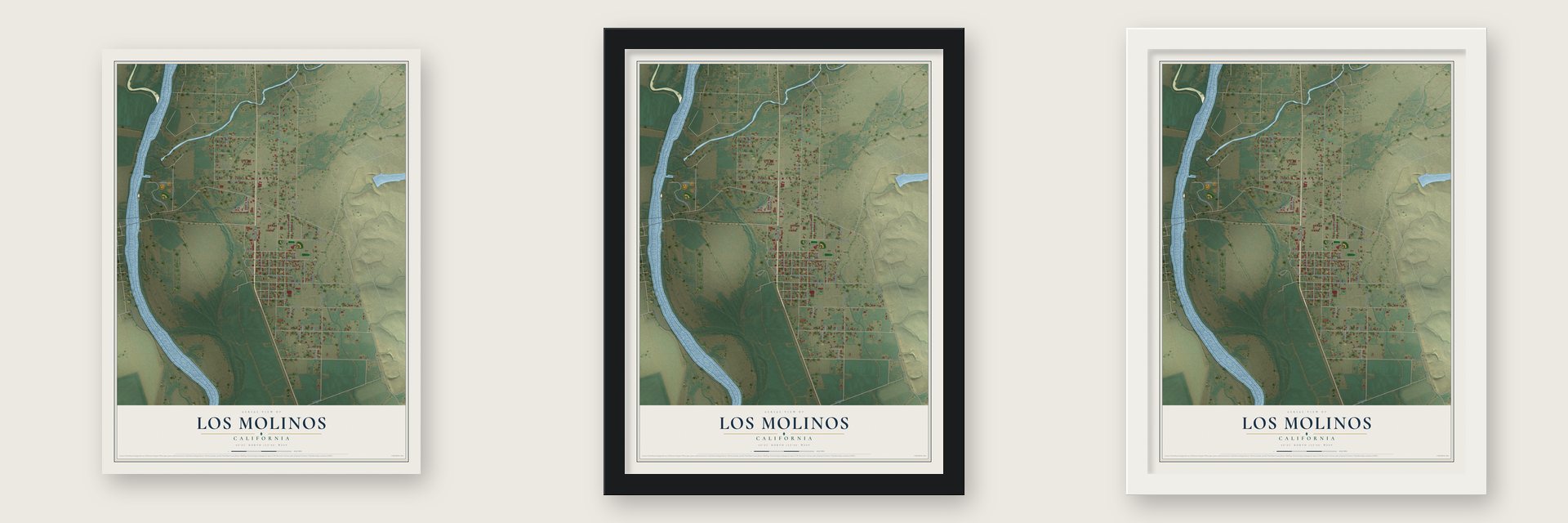 Los Molinos, California map unframed, in a black wood frame and in a white wood frame