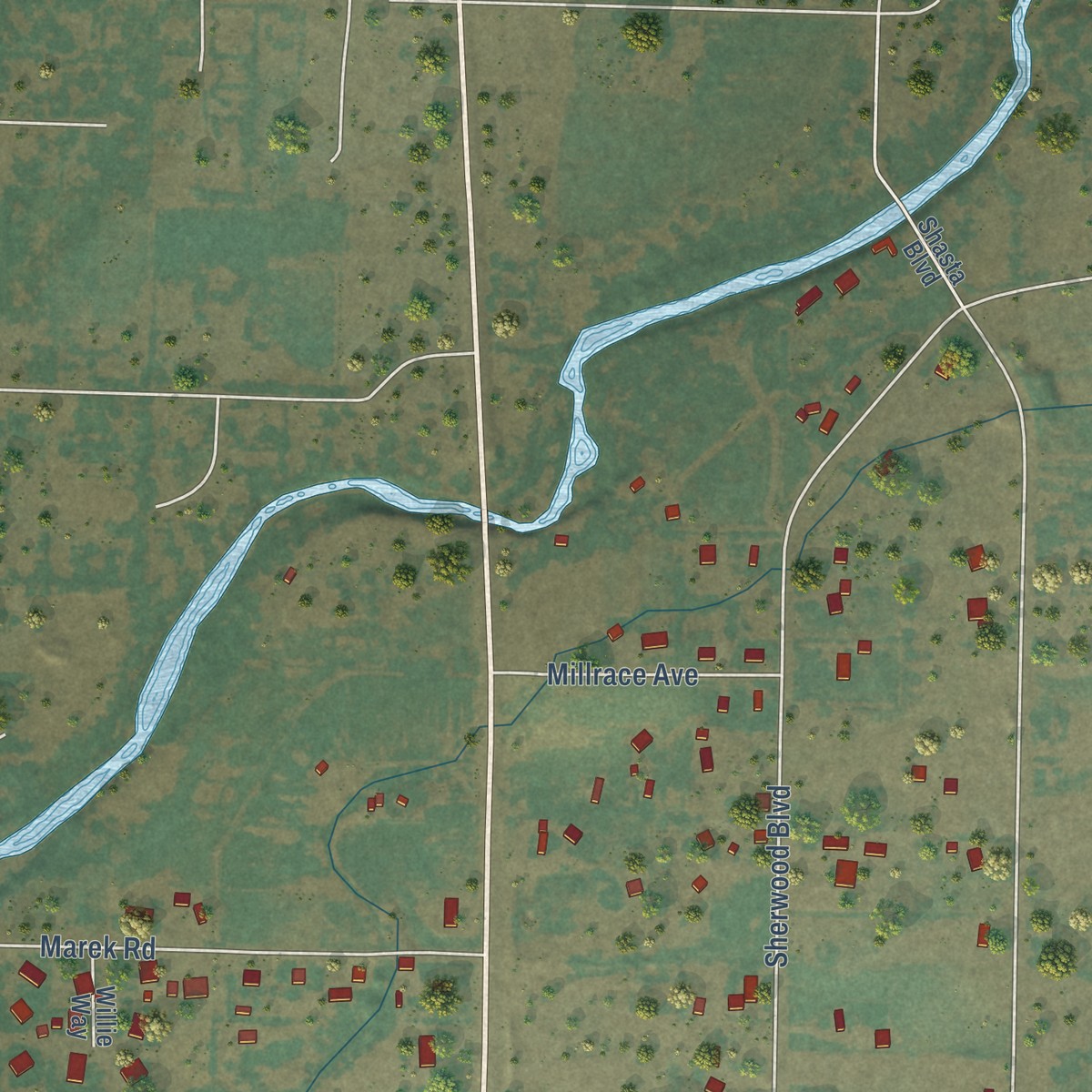 Second close-up of the map of Los Molinos, California print showing more streets and buildings