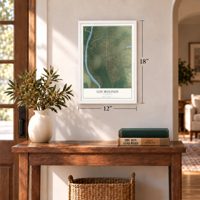 Los Molinos, California map, 12 x 18 inch print in a white frame in an entryway