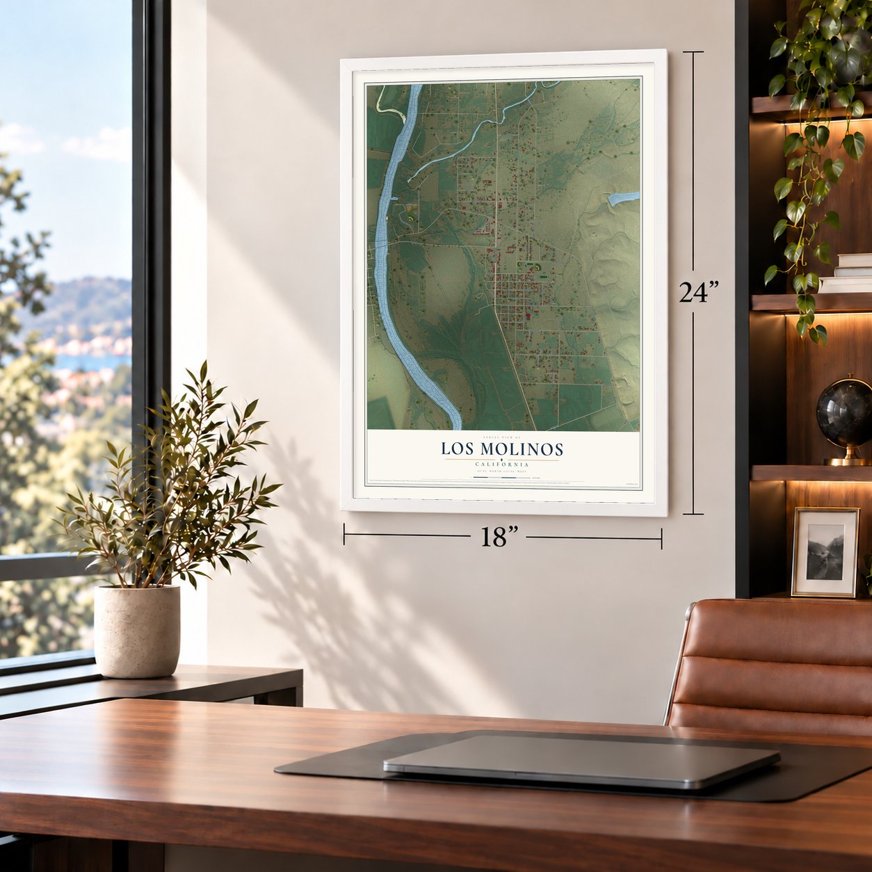 Los Molinos, California map, 18 x 24 inch print in a white frame in a home office