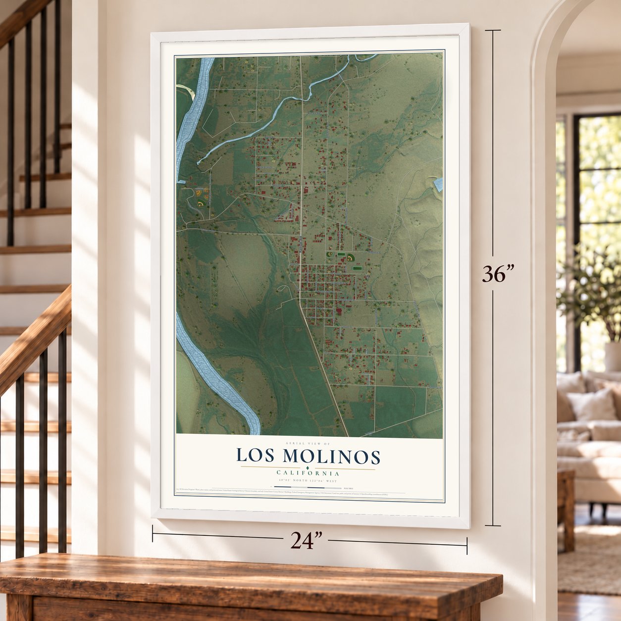 Los Molinos, California map, 24 x 36 inch print in a white frame by a staircase